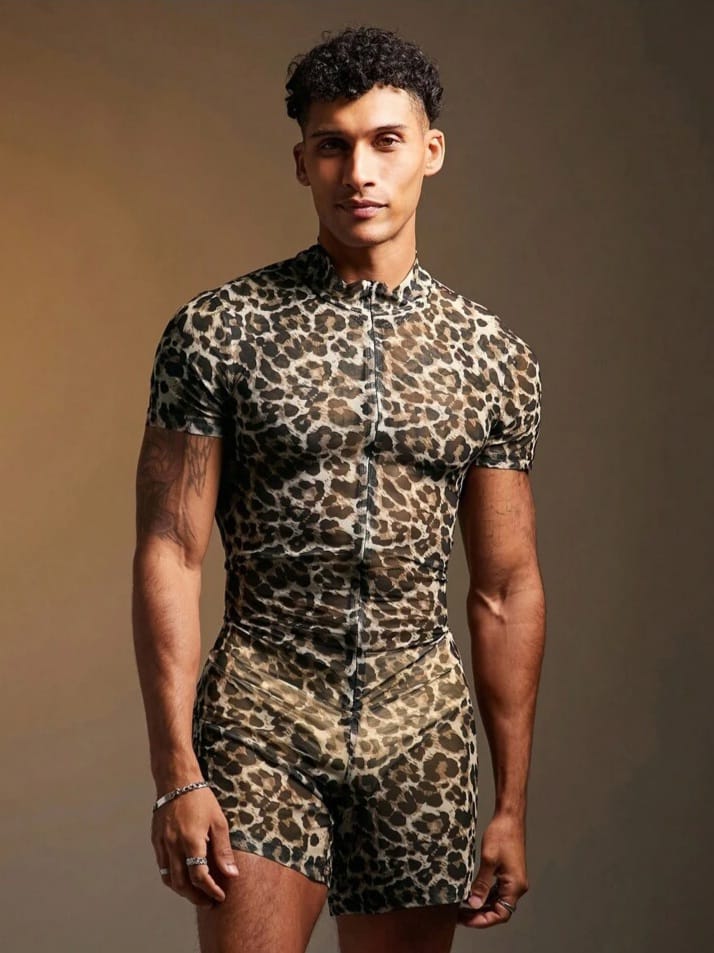 Bonga Boys Men's Leopard Print Mesh Sheer Sexy Short Sleeve Romper